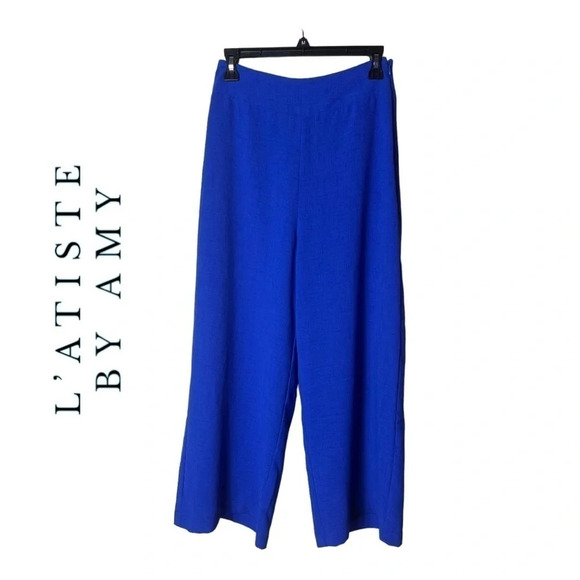 1381. L’ATISTE BY AMY HIGH WAIST WIDE LEG PANTS BRIGHT ROYAL BLUE IN COLOR SMALL - Picture 1 of 9
